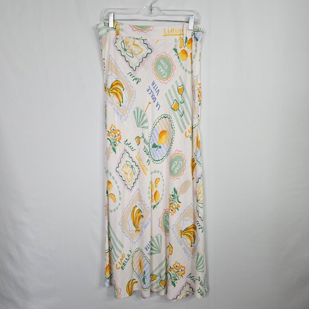 NWOT PAPER HEART ANTHROPOLOGIE Linen Maxi Skirt size XL LA DOLCE VITA Print Cute - Picture 2 of 8